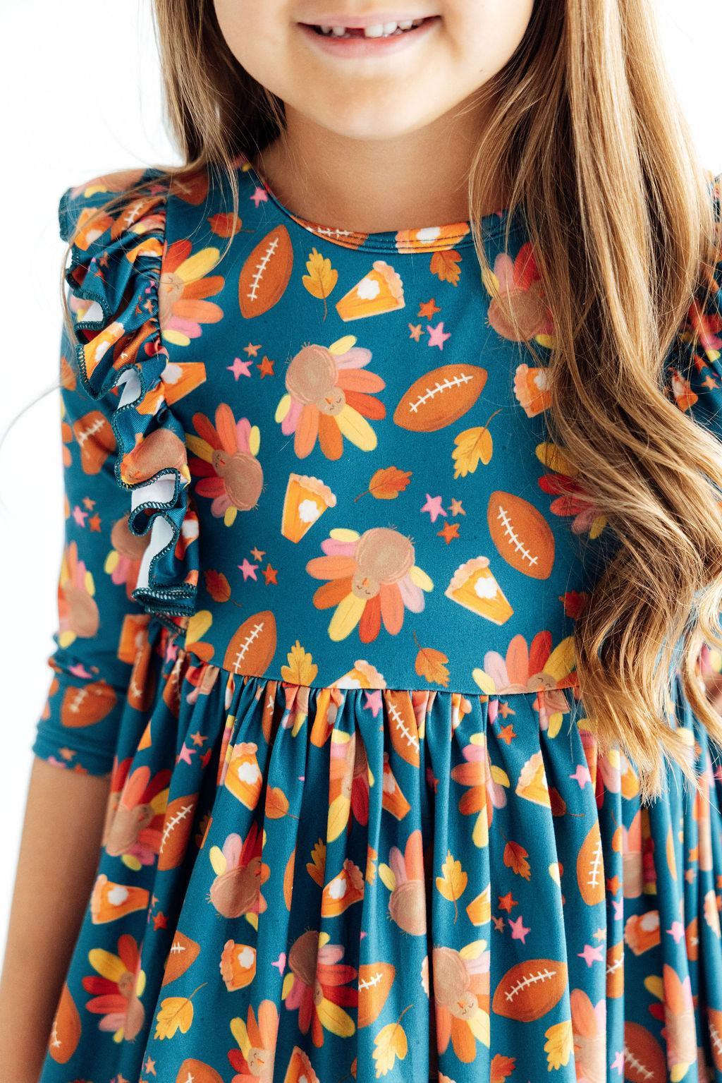 Gobble til You Wobble 3/4 Sleeve Ruffle Twirl Dress Baskit Bazaar