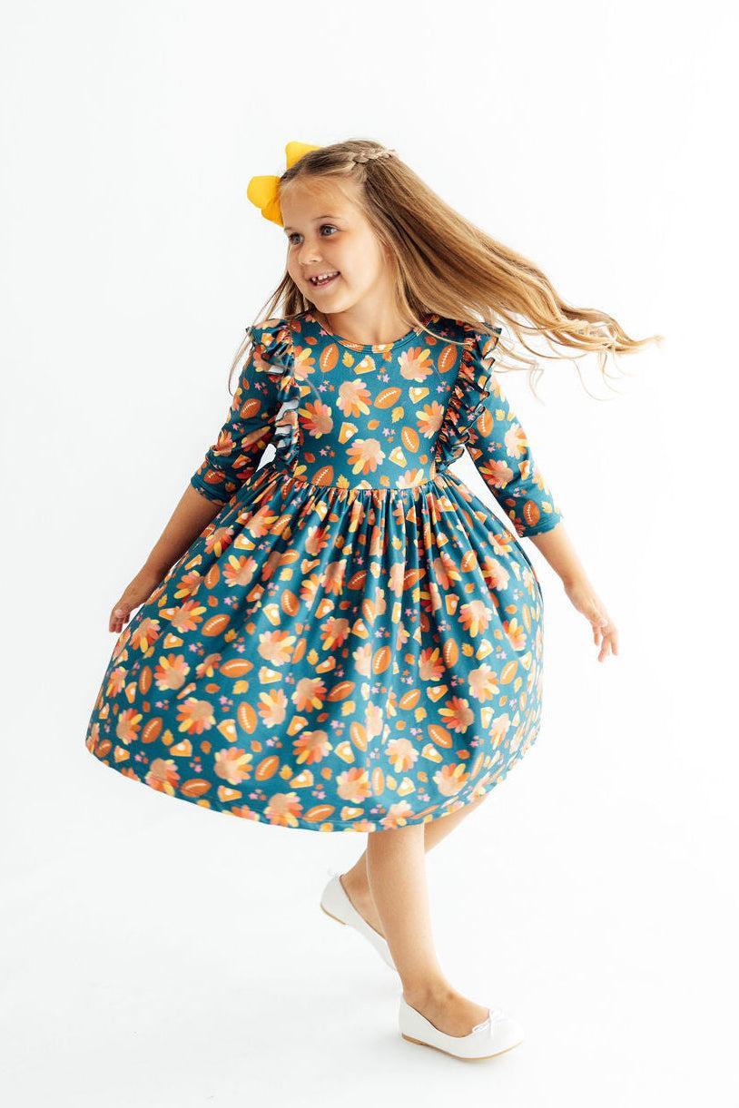 Gobble til You Wobble 3/4 Sleeve Ruffle Twirl Dress Baskit Bazaar