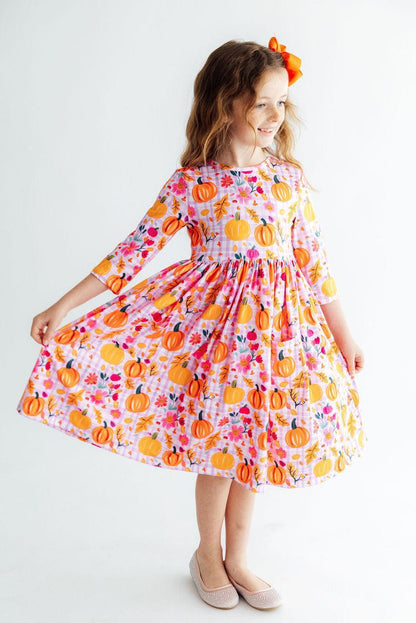 Pumpkin Party 3/4 Sleeve Pocket Twirl Dress Baskit Bazaar