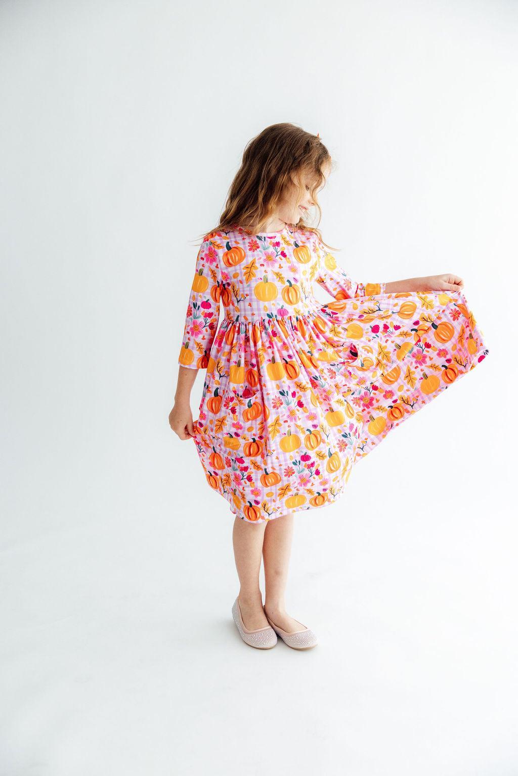 Pumpkin Party 3/4 Sleeve Pocket Twirl Dress Baskit Bazaar